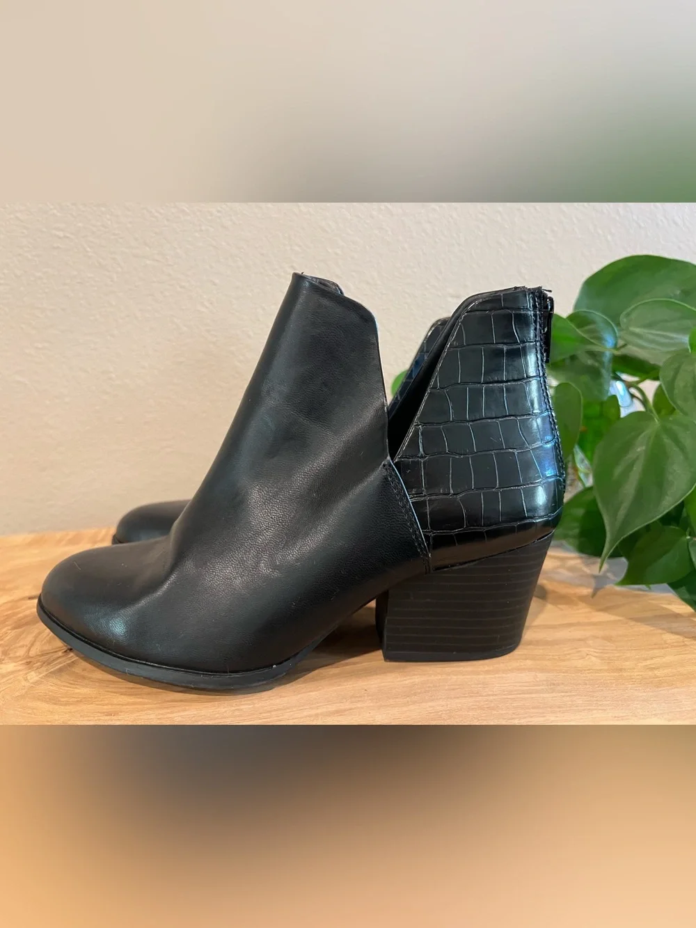 Women's Black Ankle Booties with Croc-Embossed Heel